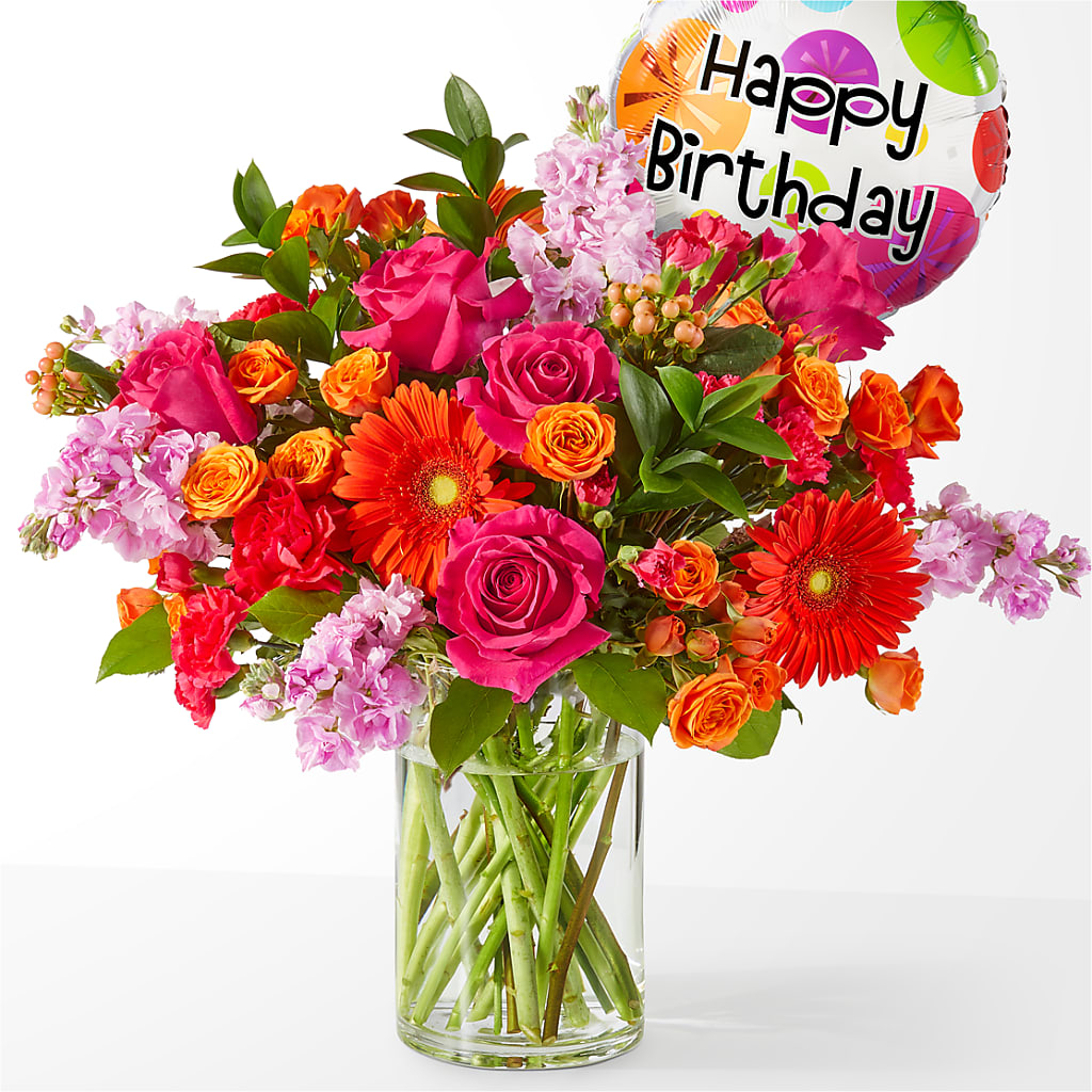 Fiesta Bouquet with Birthday Balloon – Floral Design At Evergreen Llc, Princeton NC
