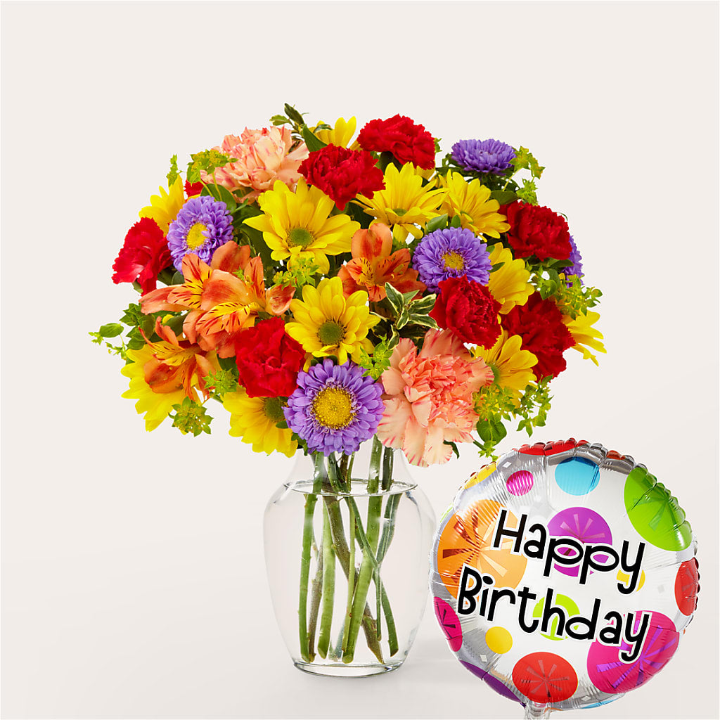 Kaleidoscope Bouquet with Birthday Balloon – Floral Design At Evergreen Llc, Princeton NC