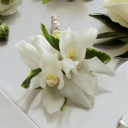 White Mini Cymbidium Boutonniere –  Floral Design At Evergreen Llc, Princeton NC